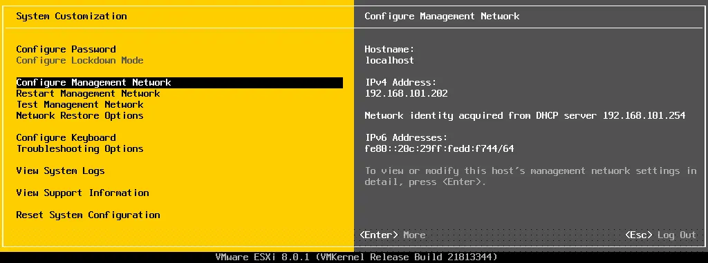 Configuring Management network for ESXi in the System Customization menu