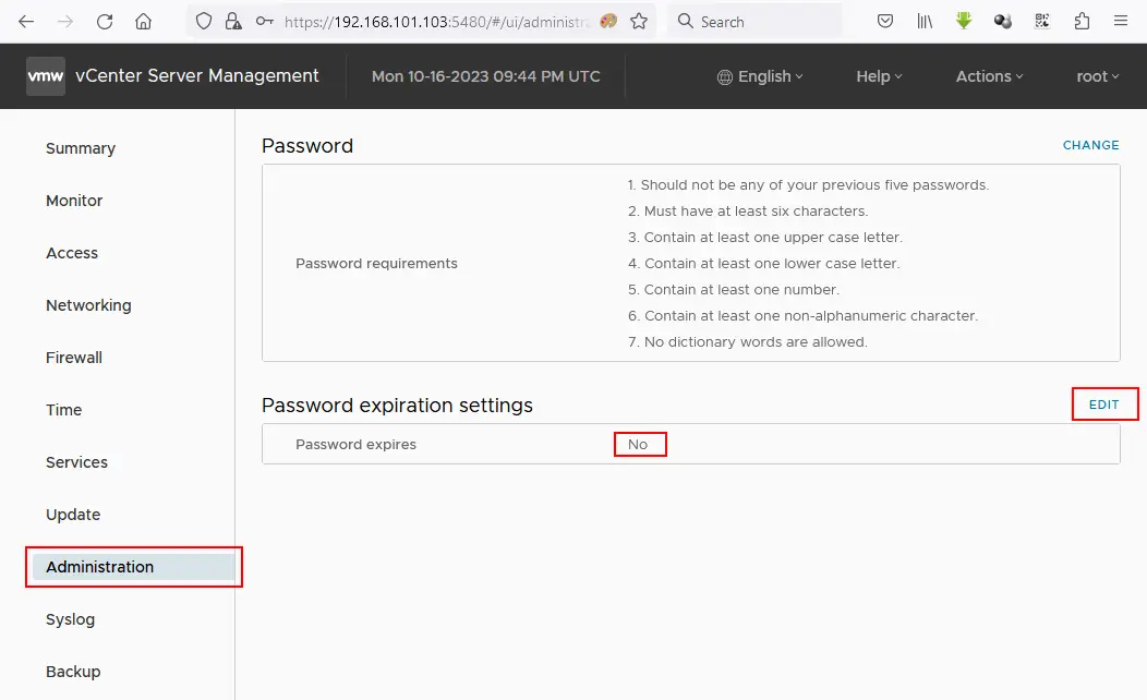 Setting the password expiration settings for administration of vCenter Server Appliance (VCSA)