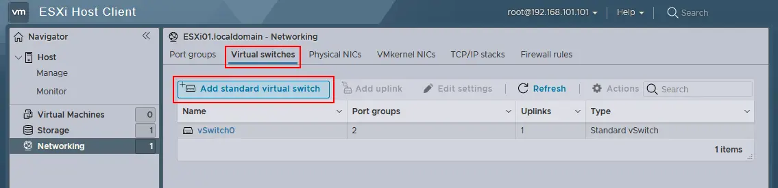 Adding a new virtual switch on VMware ESXi host by using VMware Host Client