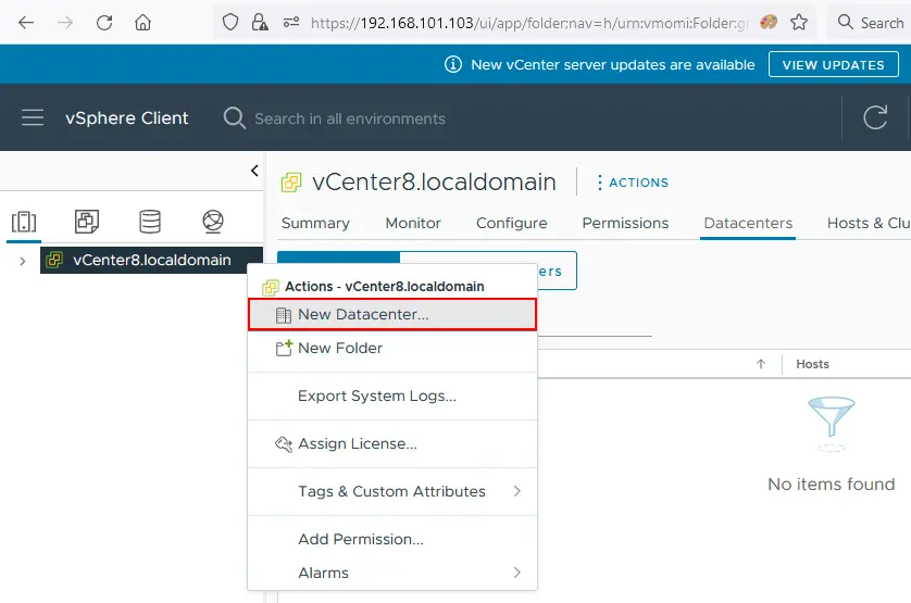 Creating a new datacenter in vCenter with VMware vSphere Client