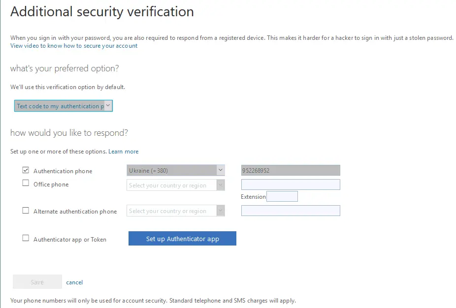 Office 365 additional security verification options