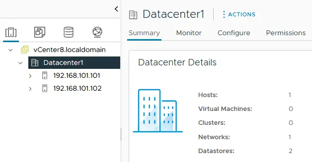 A datacenter is created and ESXi hosts are added to vCenter