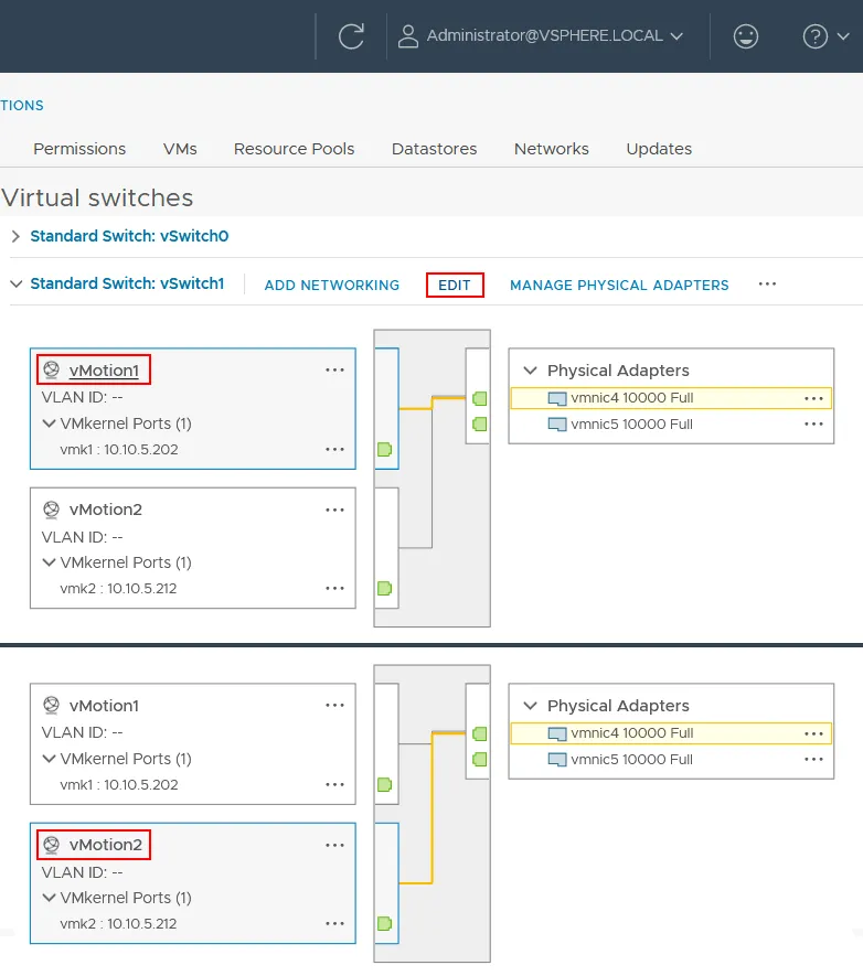Editing the vMotion network configuration to use multi-NIC vMotion