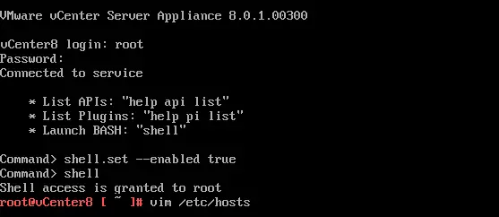 The console interface of vCenter Server Appliance