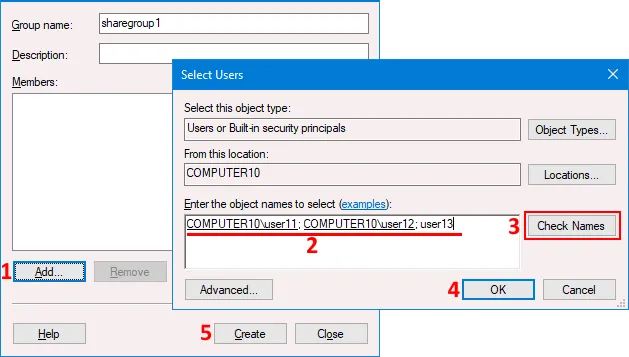 Creating a group and adding users before creating a shared folder in Windows