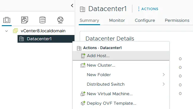 A context menu used to add host to the datacenter of vCenter