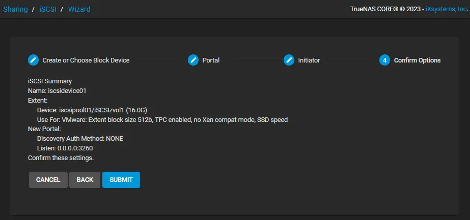 Confirm options to create a new iSCSI share