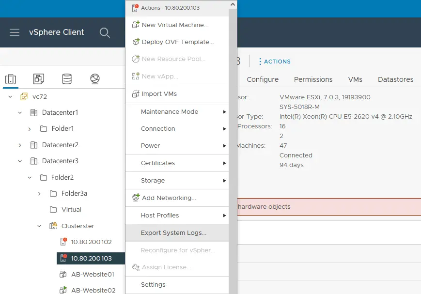 How to export VMware vCenter Server logs in VMware vSphere Client