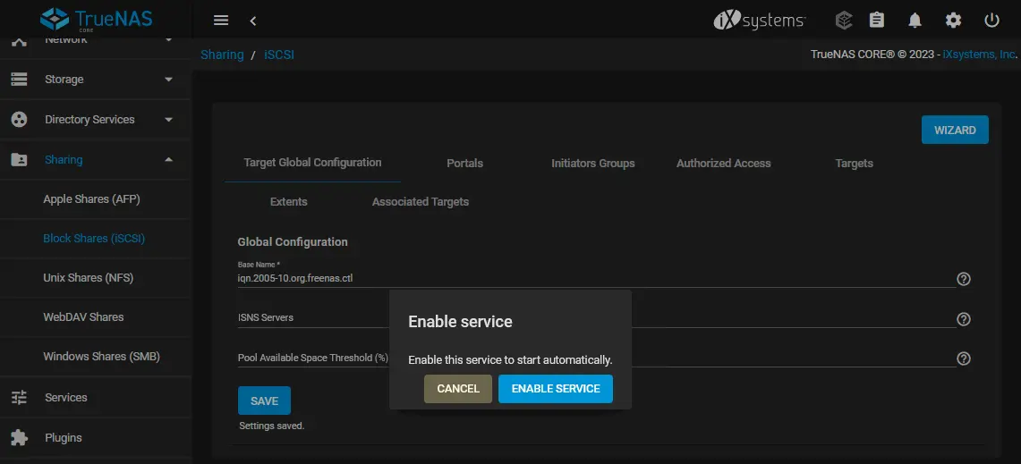 Enabling the iSCSI service in TrueNAS Core