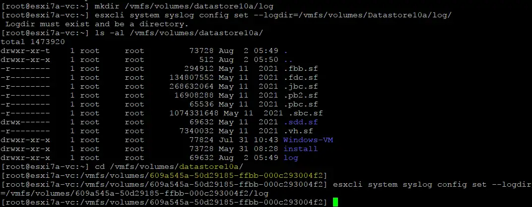 Setting a new ESXi log location