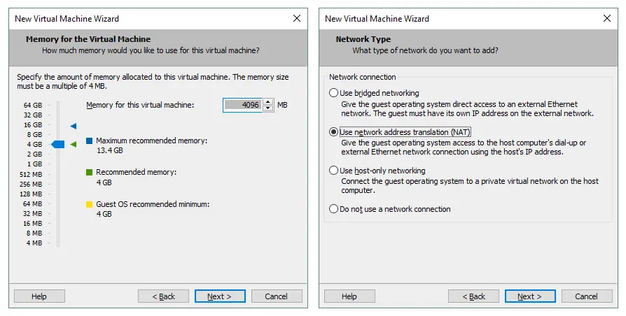 Specifying the amount of memory for a VM and selecting the network type