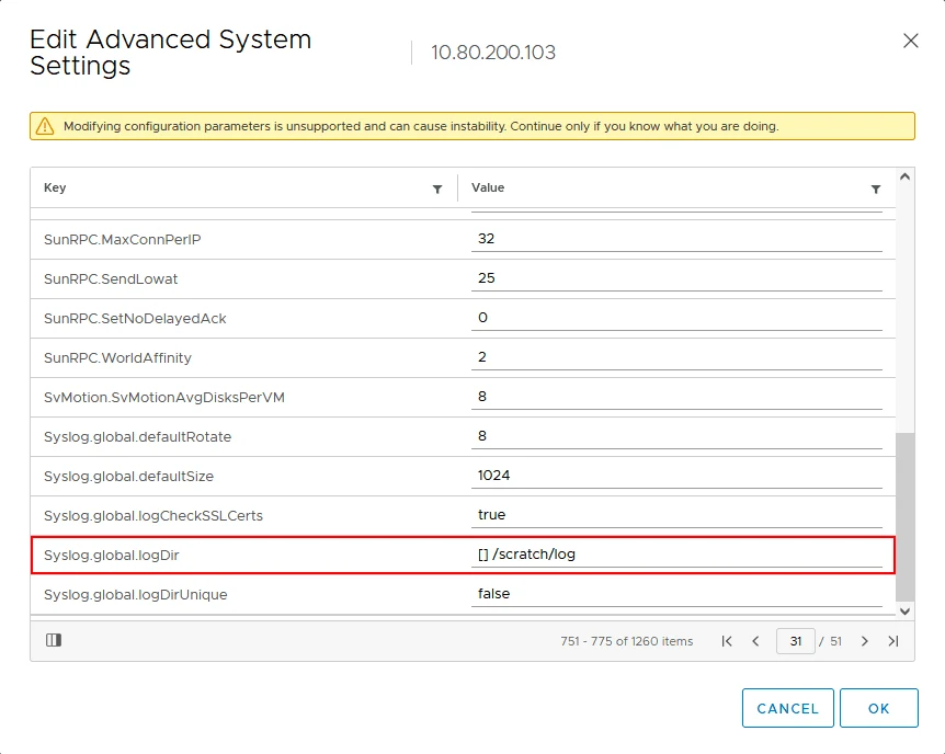 Changing the location of VMware ESXi logs in VMware vSphere Client