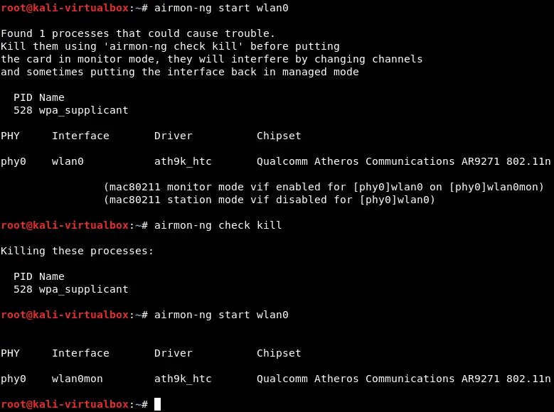 starting airmon-ng to enable the monitor mode for the Wi-Fi adapter