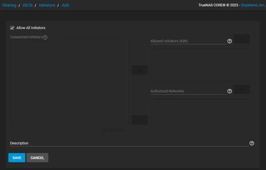 Selecting iSCSI initiator options – enabling all initiators