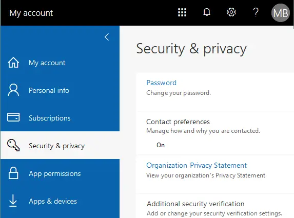 Configuring Security and privacy to set Office 365 app