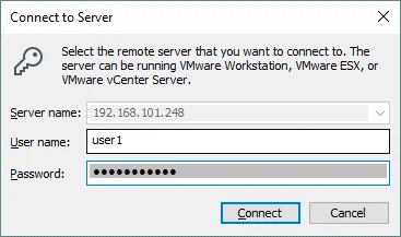 Entering credentials for connecting to VMware Workstation Server.
