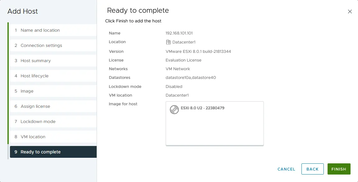 Finishing to add an ESXi host to vCenter