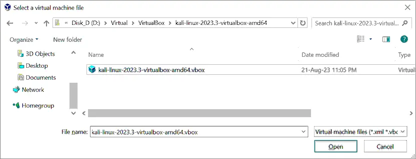 Selecting a kali-linux-2023.3-virtualbox-amd64.vbox file