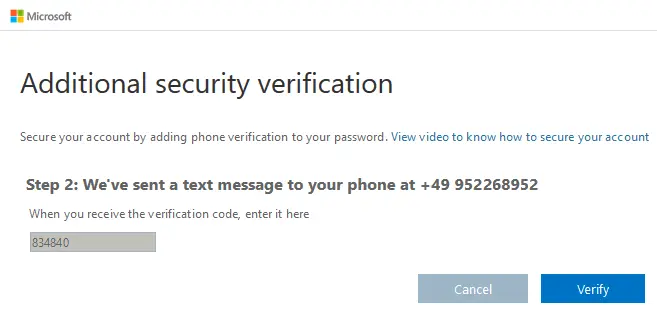 Entering a confirmation code sent via SMS
