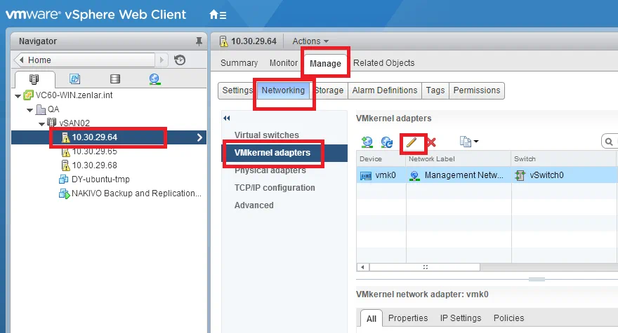 vSphere Web Client - VMkernel adapters