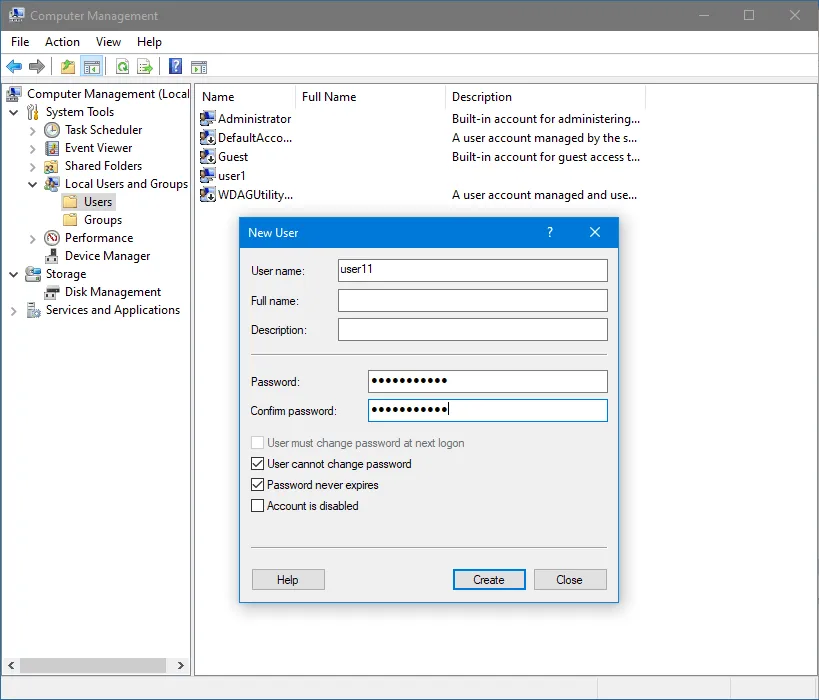 Creating a new user for Windows 10 data sharing