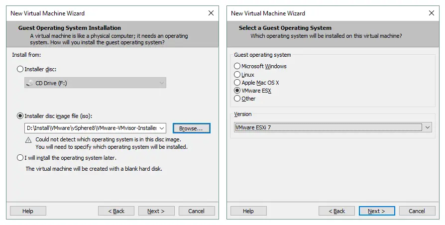 Select the installer disk image and a guest operating system for creating a VM
