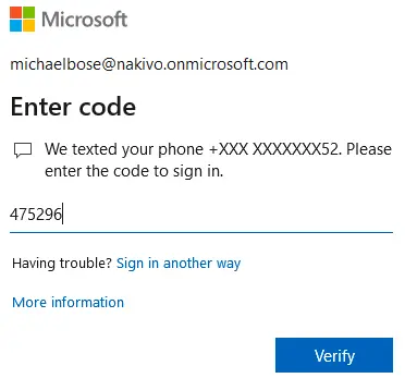Entering a verification code sent via SMS to sign in Office 365