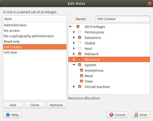 Editing roles on VMware Workstation Server.