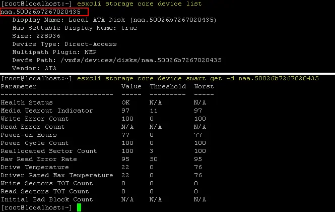 Using ESXi shell commands to check SMART