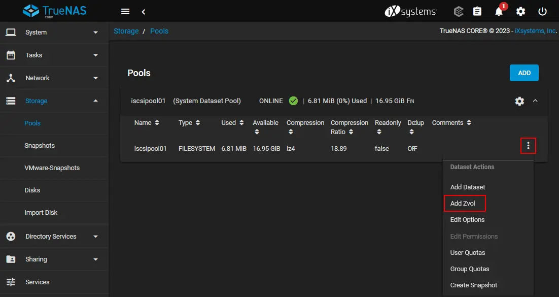 Adding a zvol in TrueNAS Core