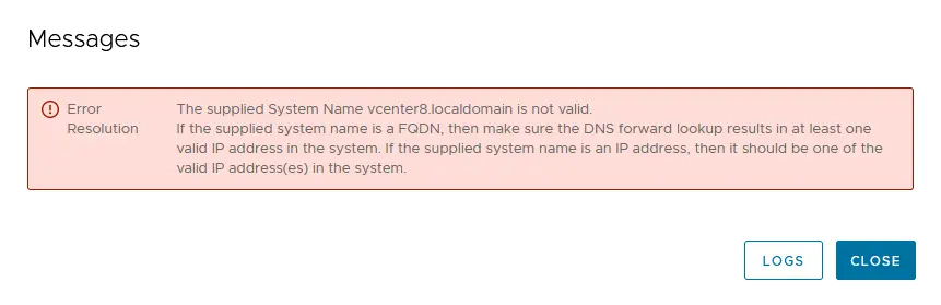 The DNS error is displayed when deploying vCenter Server Appliance