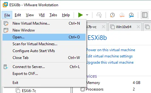 Selecting the Open VM option for deploying a VM from an OVA template
