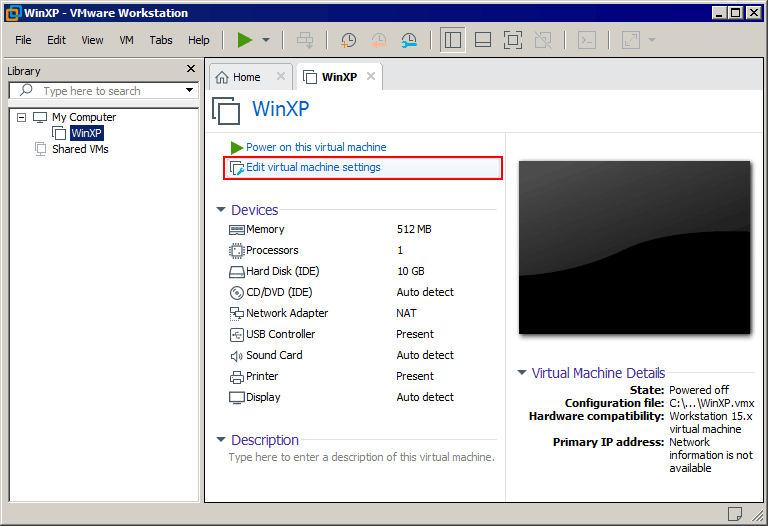 Opening virtual machine settings