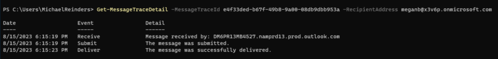 Using Get-MessageTraceDetail to get line-by-line detail for specific email messages