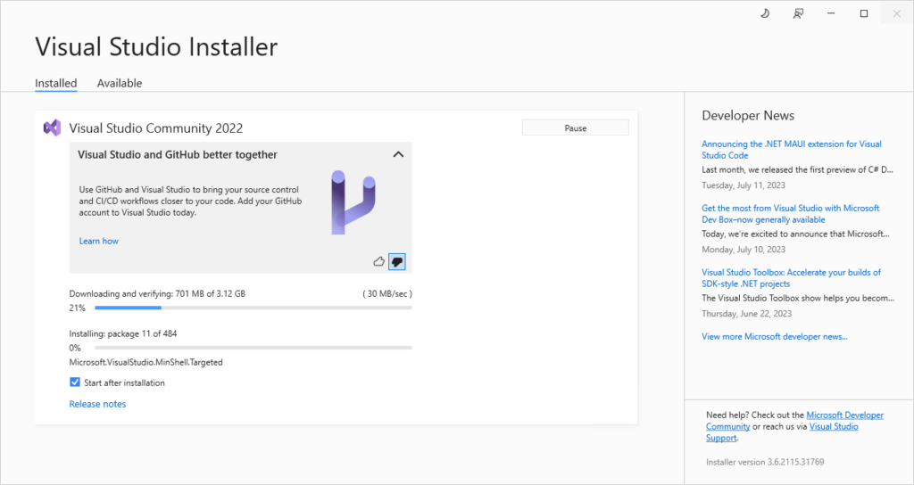 The Visual Studio installation process is now running