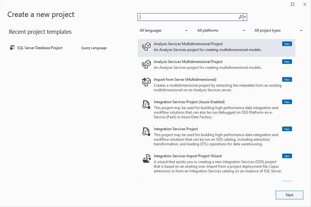 Finding the SQL Server Data Tools project templates