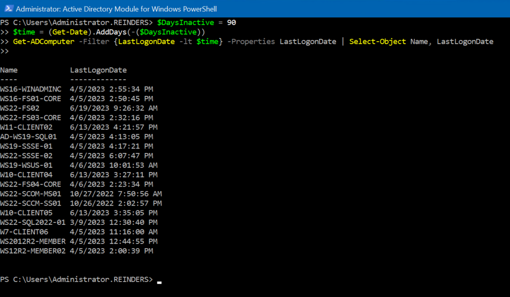 Finding all inactive computers that haven't 'checked in' in > 90 days using PowerShell Get-AdComputer