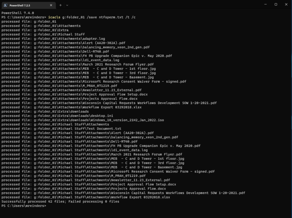 Using icacls to back up NTFS permissions