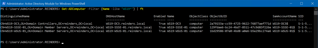 We can utilize the Get-AdComputer -Filter parameter to find specific computers starting with 'WS19....'