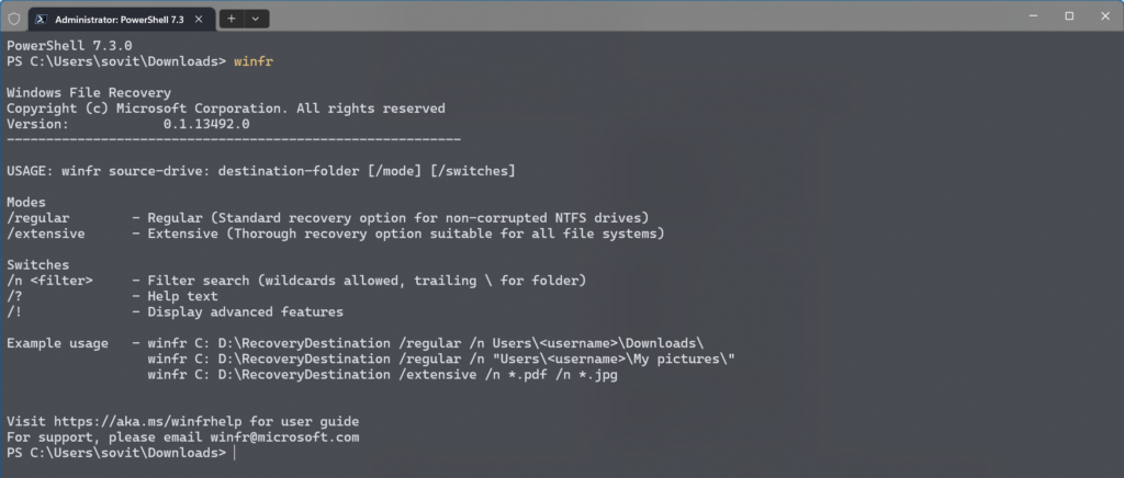 Running 'winfr' in Windows Terminal