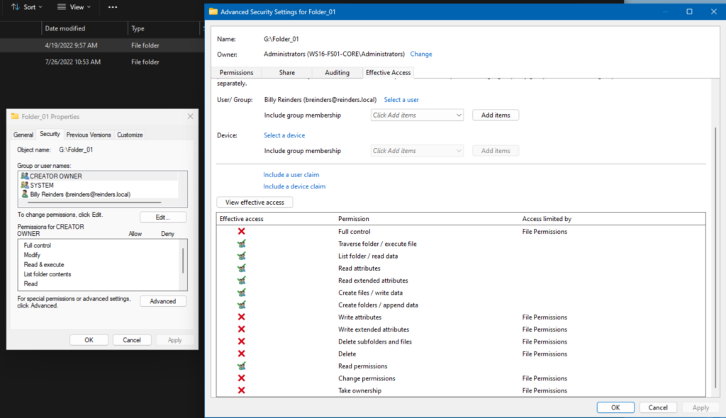 Viewing the 'Effective' permissions for a user