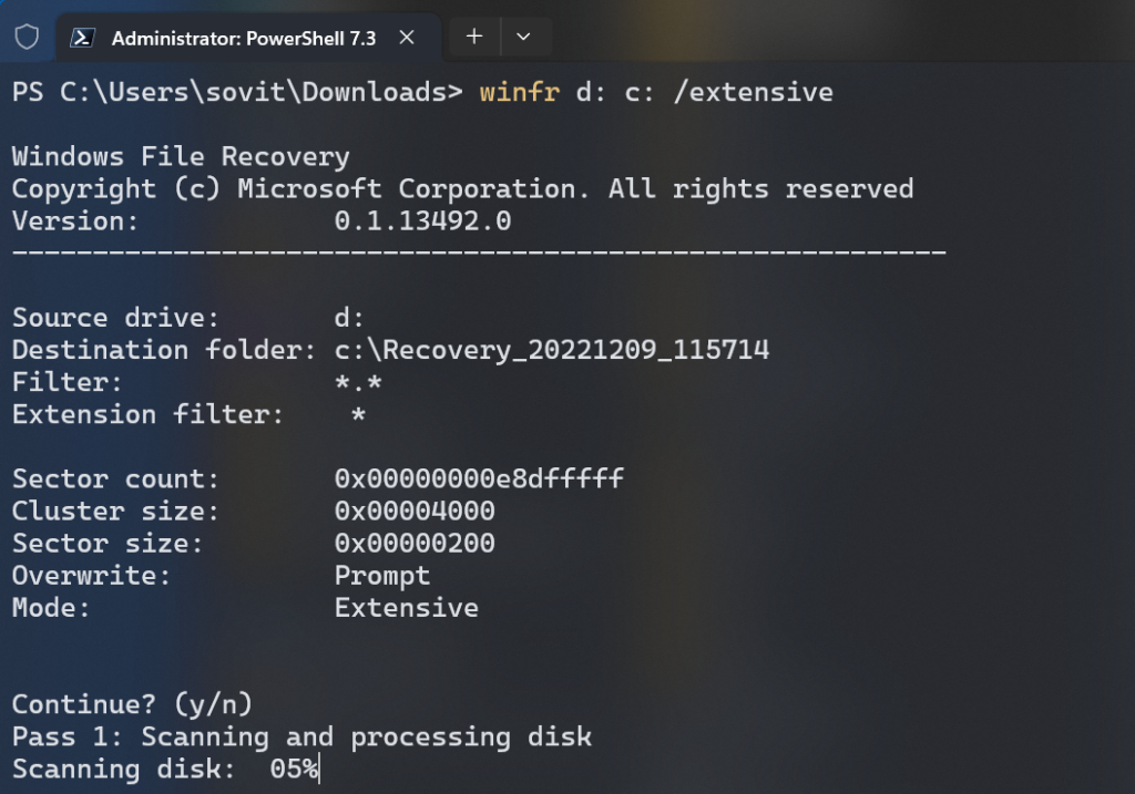 Using the 'Extensive' mode to do a more thorough search for deleted files on my D: drive