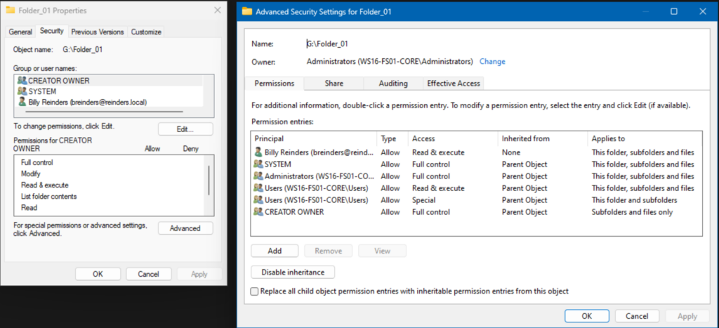 I just added Billy Reinders to have 'Read & execute' permissions