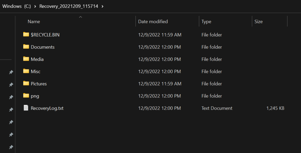 Here are all the files Winfr found on my D: drive and saved to my C: drive
