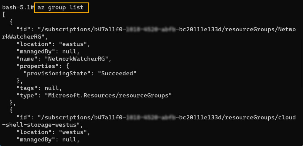 Running the az group list command via a Docker container
