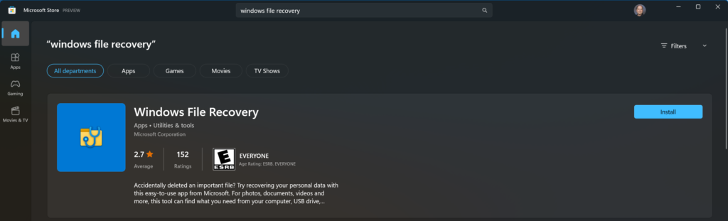 Searching for Windows File Recovery in the Microsoft Store.