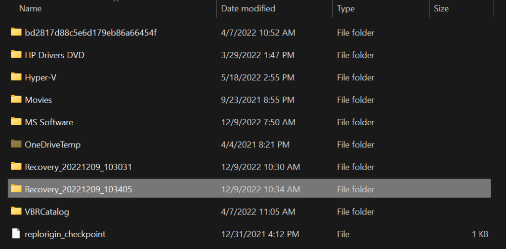 A 'Recovery' folder is created on the destination volume with the date and time stamp of when it was run