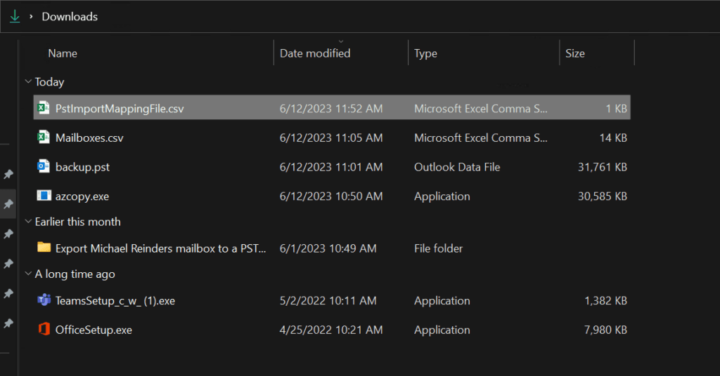 the import mapping file we will use to coordinate the PST files
