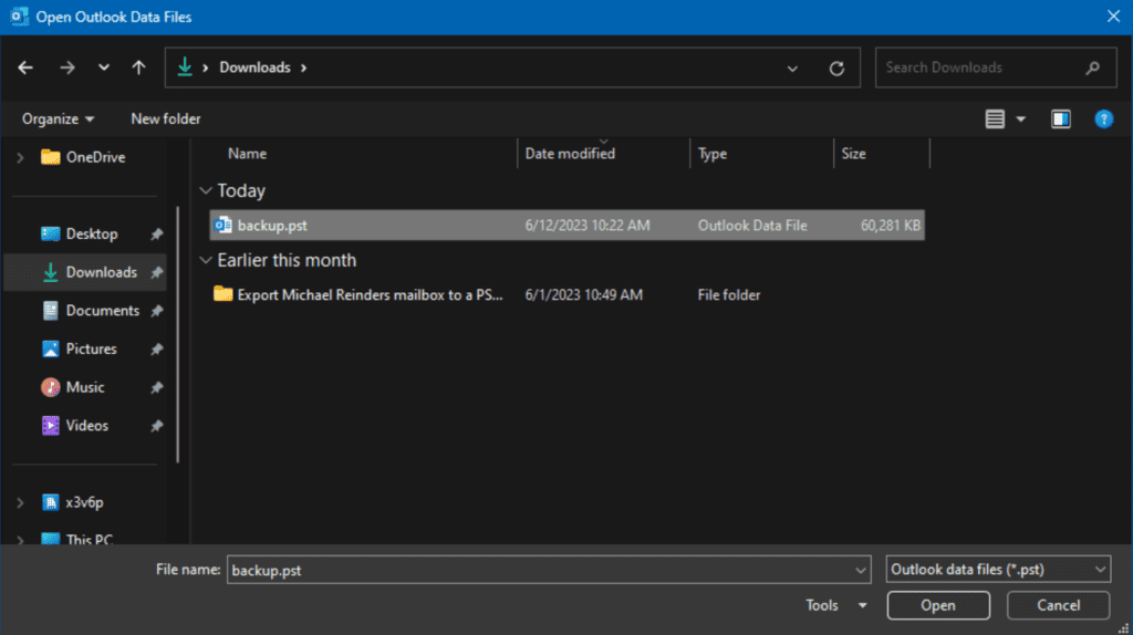 Browsing to your PST file