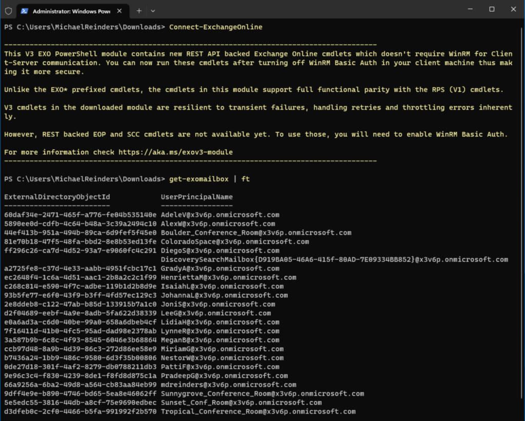 Connecting to Exchange Online and listing all current mailboxes